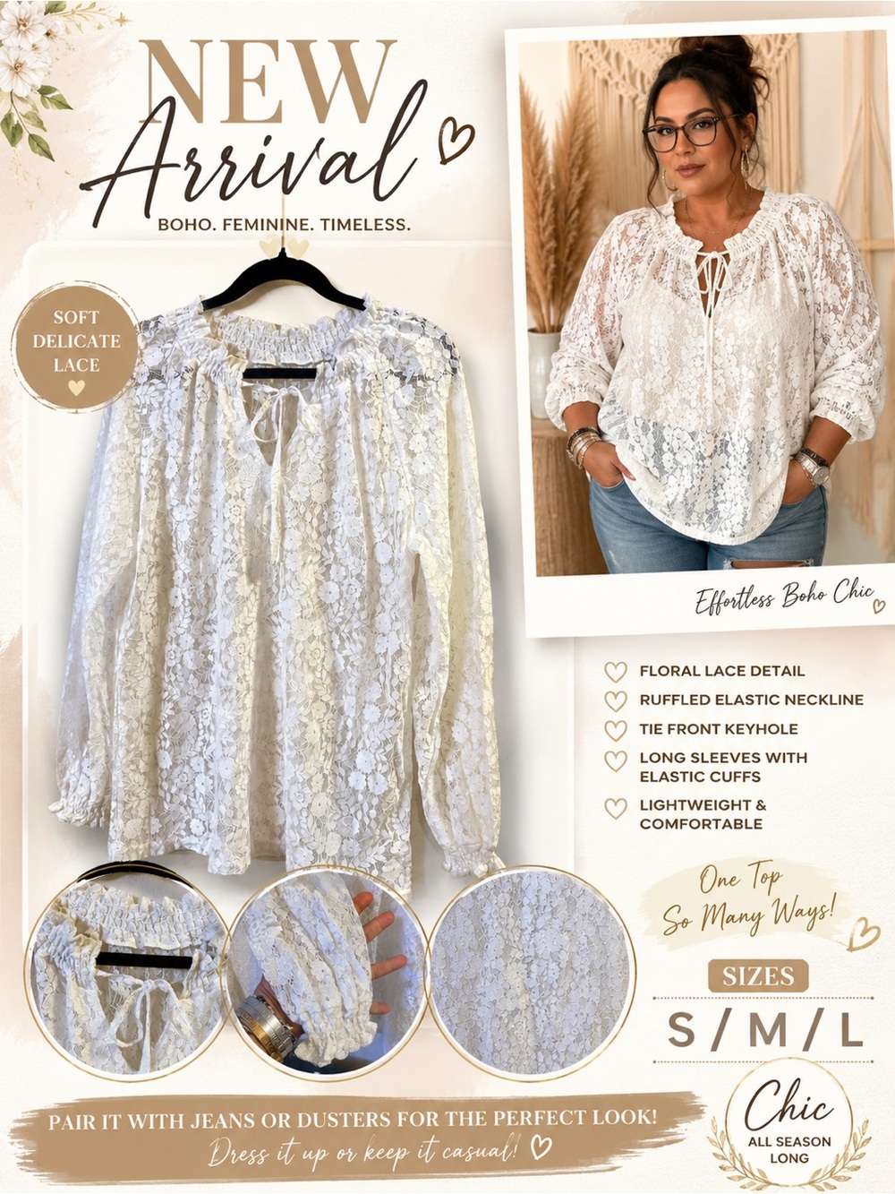 Boho Floral Lace Tie-Front Long Sleeve Top - White